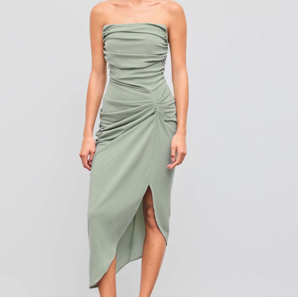 Solid Ruched Asymmetrical Tube Midi Dress